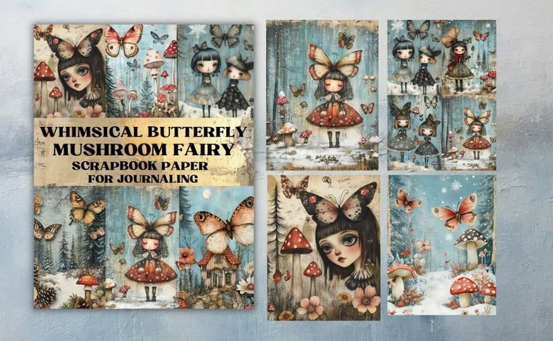 Whimsical Butterfly Mushroom Fairy Scrapbook Paper – Kate Curry / Poortoast